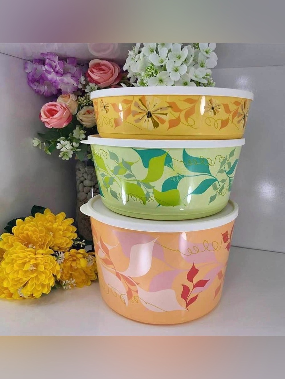 Tupperware Click Stack Ilumina Floral Mega Bowl 28 Cup, 18 Cup, 10.5 Cup